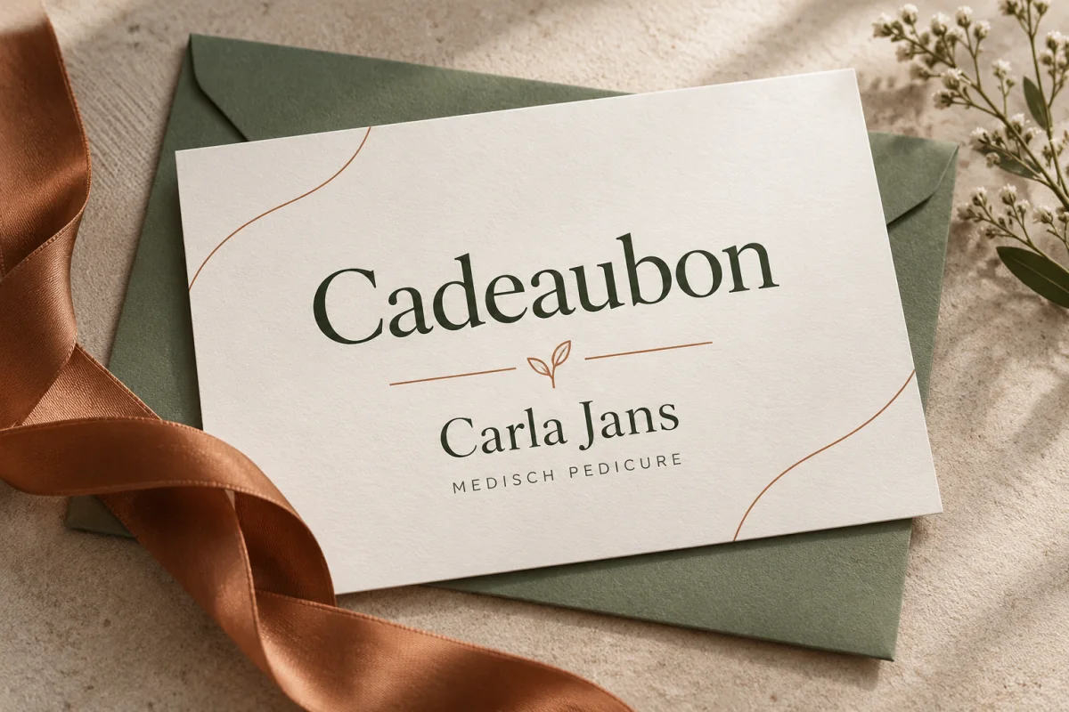 Illustratie van een Carla Jans cadeaubon met groene envelop en terracotta lint